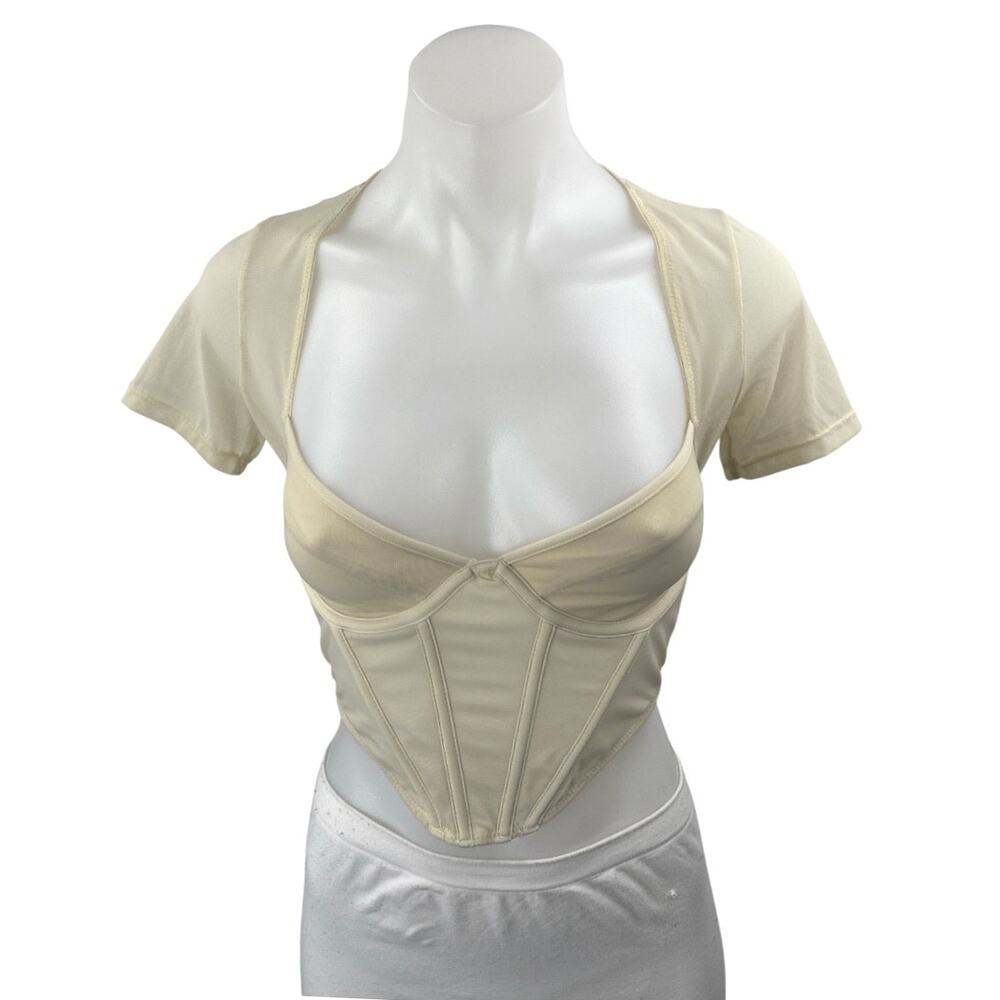 Glassons Cream Beige Short Sleeve Corset Bustier Cutout Mesh Crop Top Size S